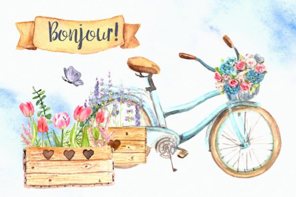 Bonjour - Watercolor Clip Art Set and Illustrations