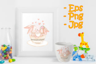 Cute Couple Bunny in a Cup Watercolor Illustrations