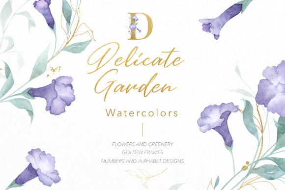 Delicate Garden Flowers Leafs Watercolor Illustrations