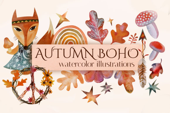 Fall Watercolor Clipart. Boho Autumn