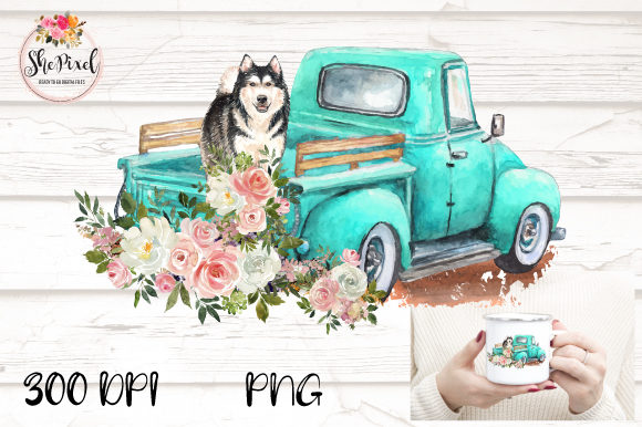 Husky Watercolor Vintage Truck Clipart and Illustrations