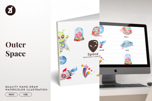 Outer Space Watercolor Illustration and Illustrations