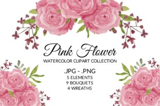 Pink Rose Flower Watercolor Clipart Set and Illustrations
