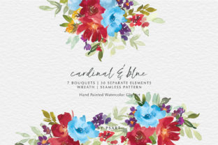 Red Blue Watercolor Floral Clip Art Set Illustrations