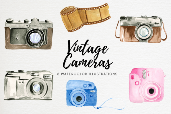 Retro Watercolor Vintage Cameras Set
