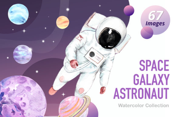Space Galaxy Astronaut Watercolor Set and Illustrations