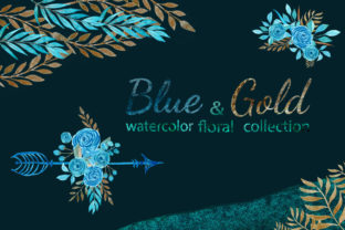 Watercolor Blue and Gold Floral Set for Illustrations