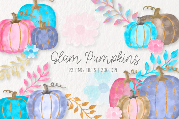 Watercolor Glam Pumpkins Clipart Set and Illustrations