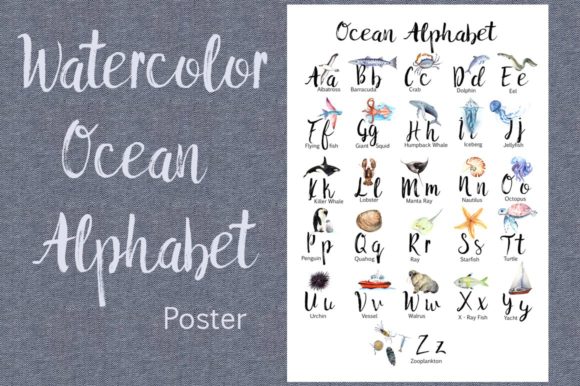 Watercolor Ocean Alphabet Poster and Illustrations