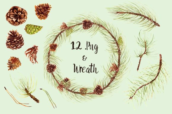Watercolor Pine Clip Art Set Wreath and Illustrations