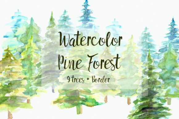 Watercolor Pine Trees Clip Art Set and Illustrations